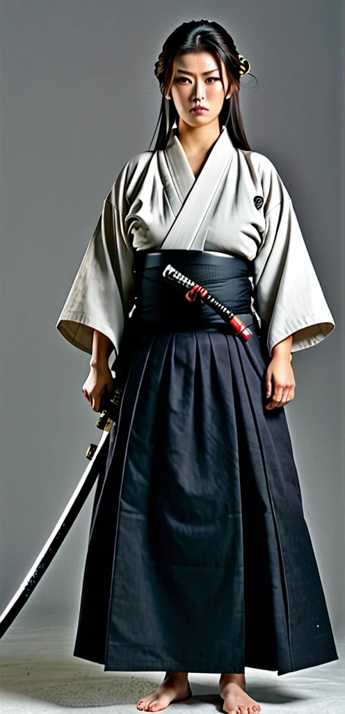 Samurai woman with gigantic round breast that are twice the size of her head, she has extremely wide hips, she wears a long dark hakama that covers her body, holding katana, she has a serious look on her face, ready for battle