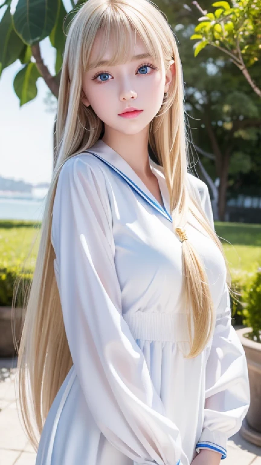 Very white and radiant beautiful skin, A beautiful girl, Unparalleled beauty, Bright, refreshing and gentle expression, Perfect beautiful pretty face、Shiny blonde silk super long straight hair, Beautiful shiny bangs, A very beautiful 15-yr-oirl, liner, Very perfect and beautiful cute big clear bright white blue eyes、、Sailor suit、Female student