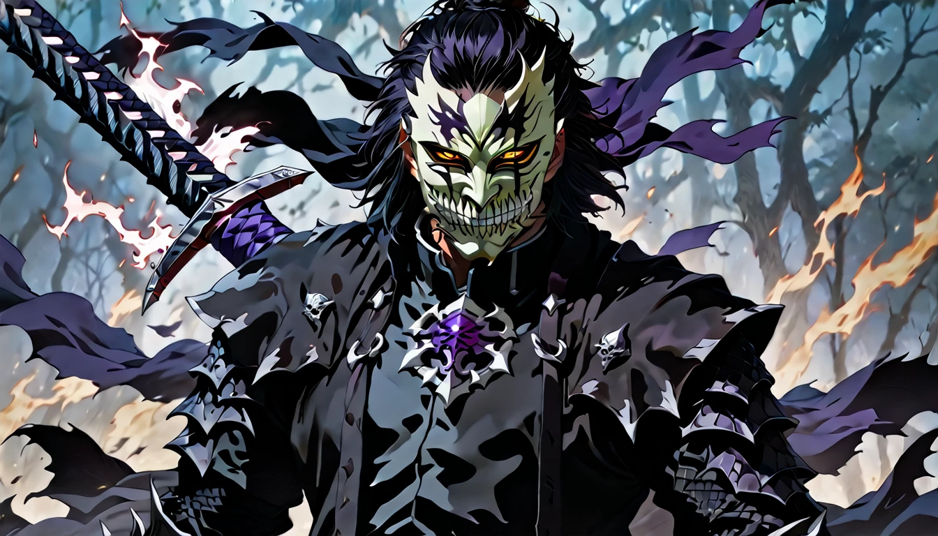 demon mask, sword on the hand,close up, black heavy detailed clothes, strong black/purple colors, hand katana, art, dark and malevolent, hand sword, armor, powerful and intimidating, (masterpiece, best quality, ultra-detailed, best shadow), (detailed background, dark fantasy) dramatic light, intricate details, dark and malevolent, powerful and intimidating, Dark and foreboding, malevolent force, sinister and chilling, armor, high detailed background, girl in demon slayer art, demon slayer art style, epic anime art, God death