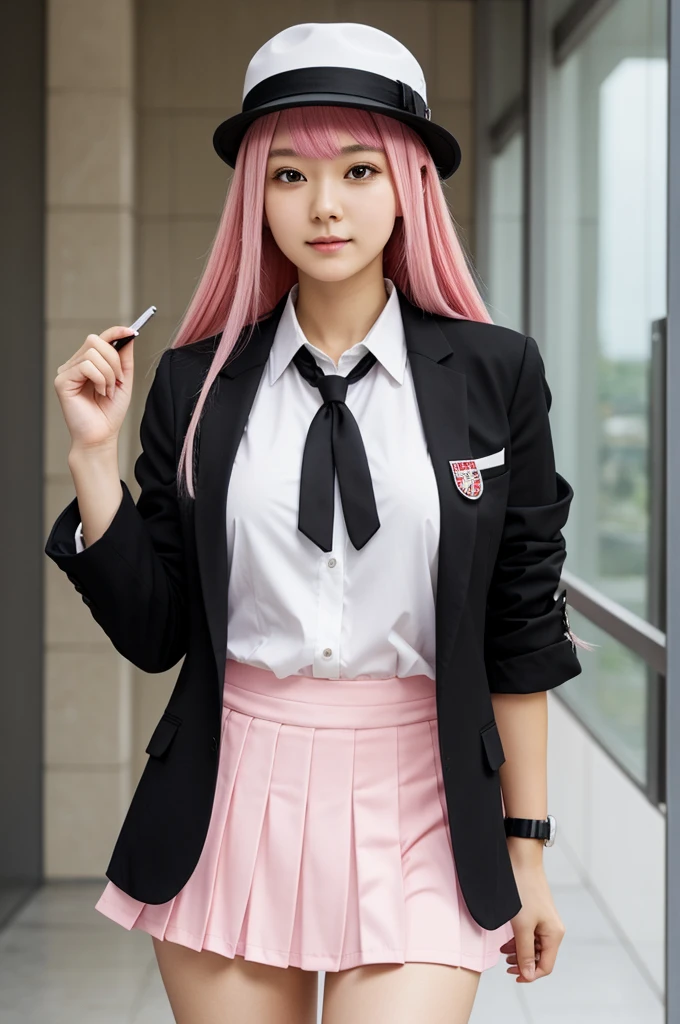 The image depicts an anime character. The ape character resembles a young girl with long, flying pink hair. She wears a police-inspired outfit: white hat with black trim and badge, black blazer with white shirt and black tie underneath, a red and white pleated skirt short, and double support length up to the knee. She also wears black wrist straps and holds a pen in her right hand. The overall design can show an available automation and actions.