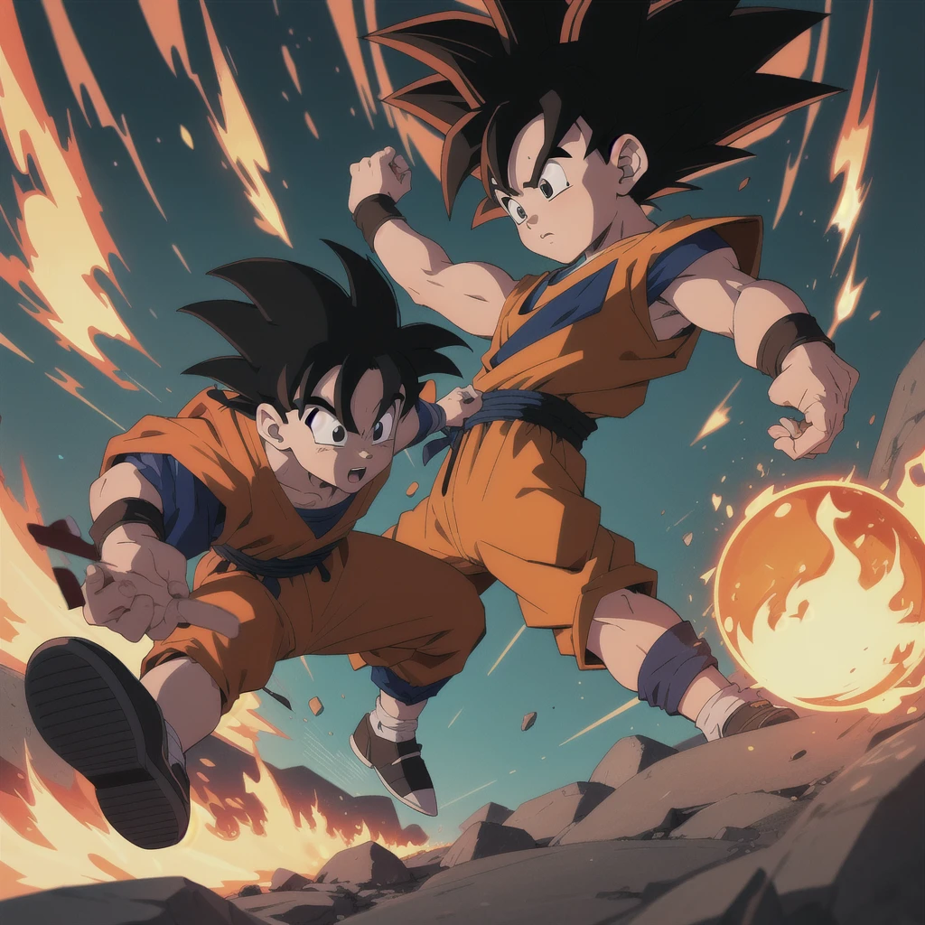 Manga style, illustration, line art style, high quality, manga masterpiece, highres, very detailed, digital illustration, small ??? Goku fighting alien Piccolo, Dragonball, black hair, spiked hair, real goku clothes orange color, black belt and black shoes, fire ball, dougi, outdoors,