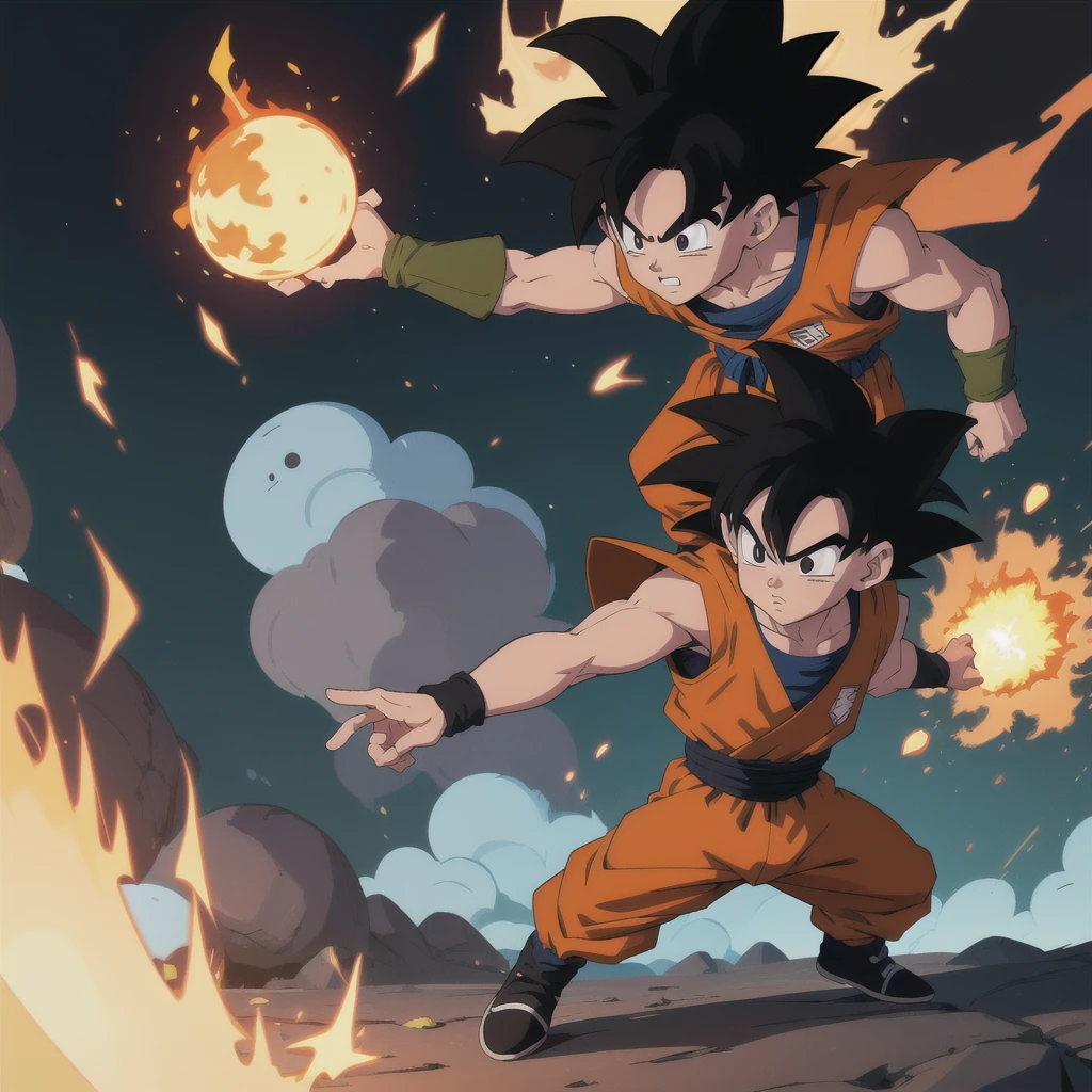 Manga style, illustration, line art style, high quality, manga masterpiece, highres, very detailed, digital illustration, small ??? Goku fighting alien Piccolo, Dragonball, black hair, spiked hair, real goku clothes orange color, black belt and black shoes, fire ball, dougi, outdoors,