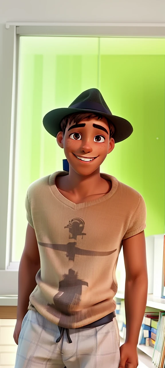 A young man smiling against the background of a library bookshelf