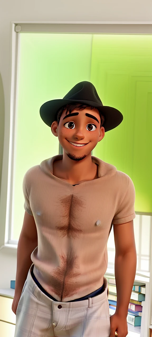 A young man smiling against the background of a library bookshelf