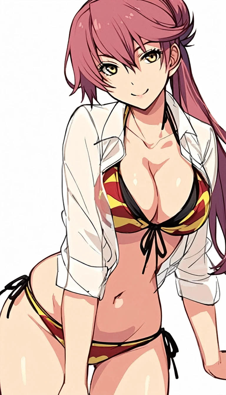 nsfw,1 boy and 1girl are having sex,sara valestein, 1girl, solo, long hair, swimsuit, smile, breasts, bikini, cleavage, looking at viewer, simple background, red hair, navel, shirt