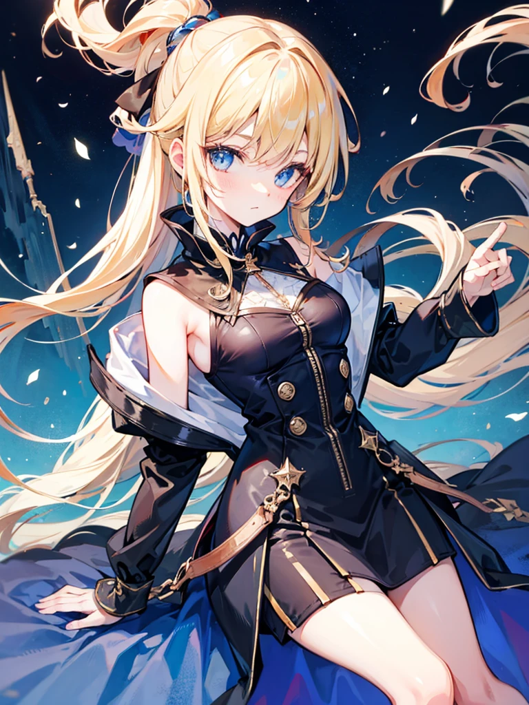 Long ponytail, blue eyes, blonde