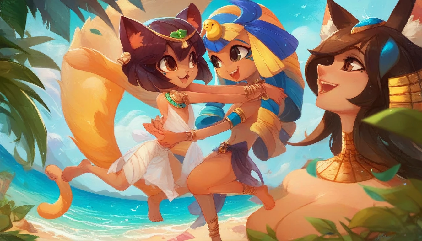 (masterpiece), ((best quality), ((high resolution)), (Extremely detailed CG unity 8k wallpaper),,Beach，seaside，，Egyptian cat， hands in arms，Animal ears,open mouth,Smile,hairy,Brown eyes，Look at each other，Look at each other，happy，Perfect hands，Perfect feet,Cat&#39;s Tail,Animal nose,fur,,hair,stars and stripes bikini，Smile，