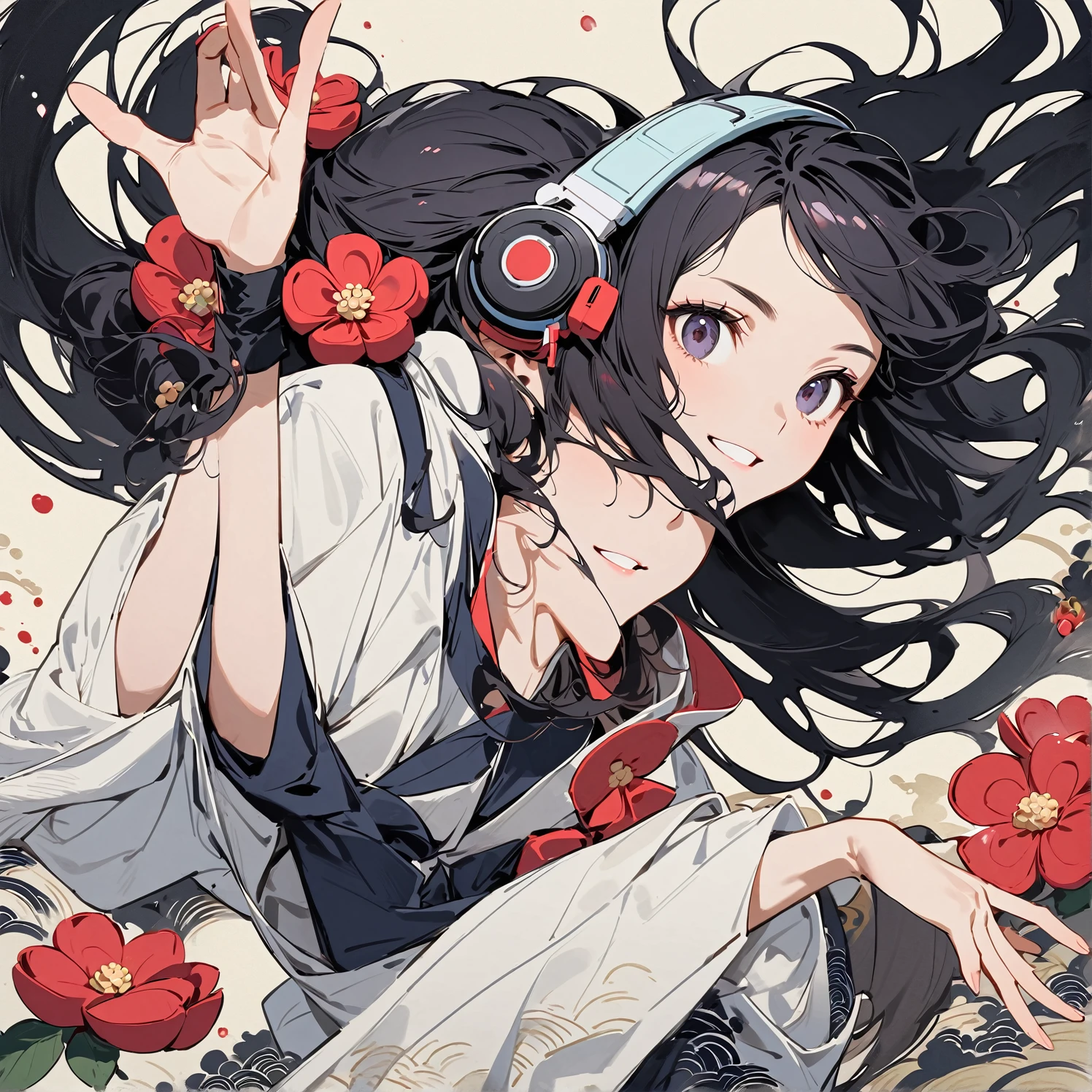 Highest quality, Katsushika Hokusai, Ink Painting, (((1 girl))), (((One face))), (((Two hands))), (((Five fingers))), (((longhair))), (((White kimono))), (((smile))), Japanese style headphones, camellia, beautiful girl, Black Hair, Delicate and precise, Modern ukiyo-e style,