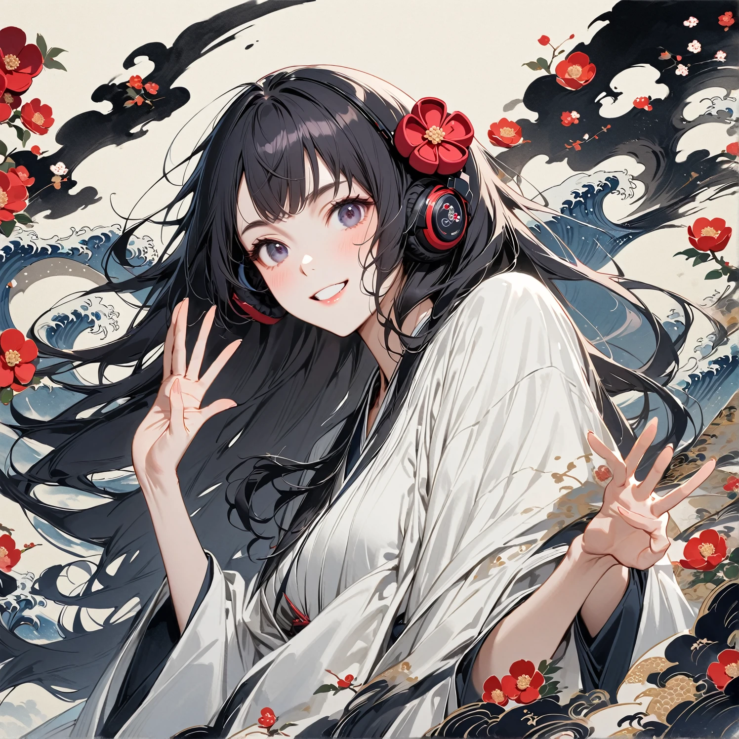 Highest quality, Katsushika Hokusai, Ink Painting, (((1 girl))), (((One face))), (((Two hands))), (((Five fingers))), (((longhair))), (((White kimono))), (((smile))), Japanese style headphones, camellia, beautiful girl, Black Hair, Delicate and precise, Modern ukiyo-e style,