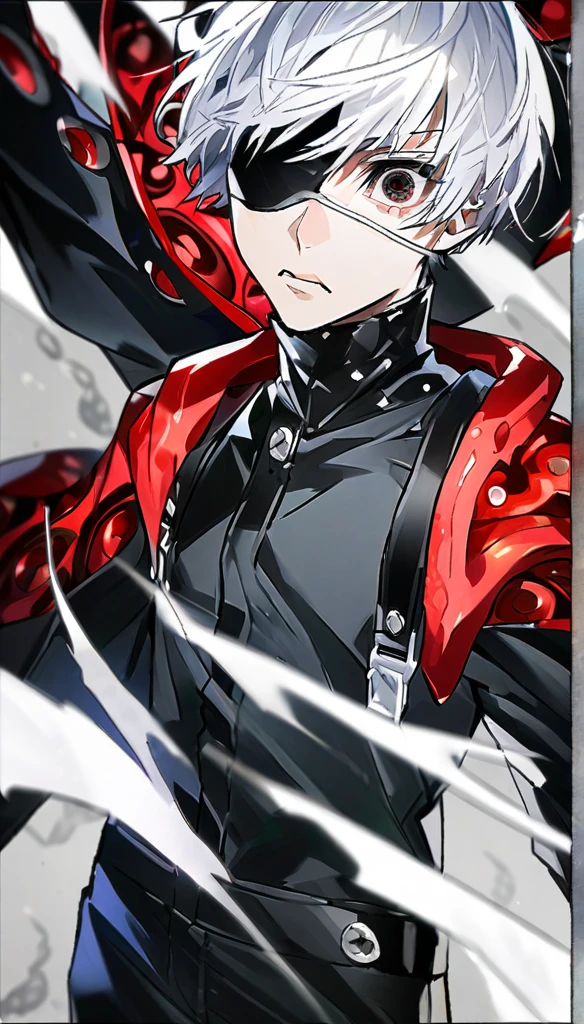 ```
ken kaneki, Tokyo Ghoul, white hair, black outfit, eyepatch, half-ghoul, serious expression, red kakugan eye, kagune tentacles, detailed face, high quality、Overall view、Wind-like sensation、Condescending face

```