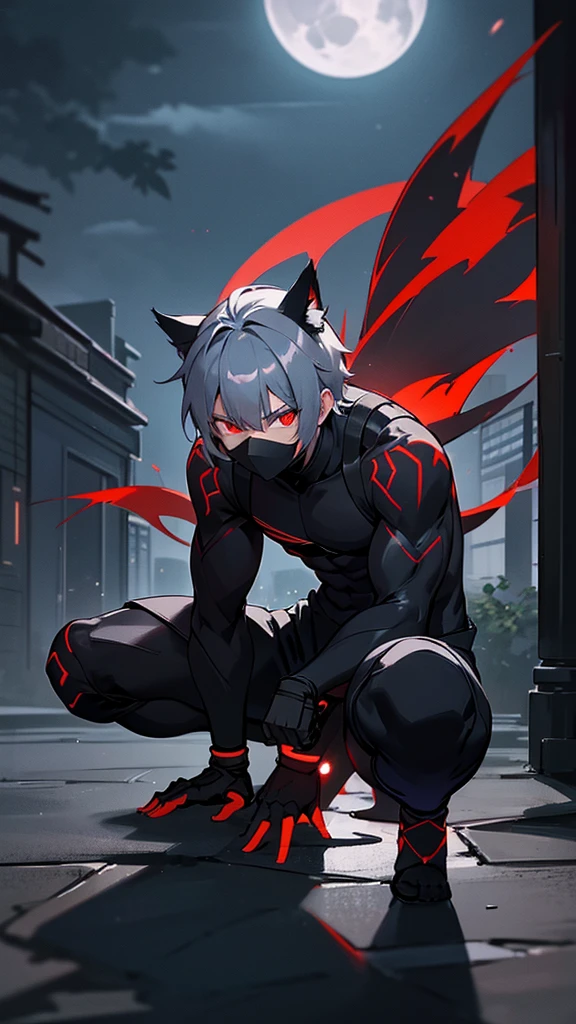 a male ninja with cat-like features, 18 years old, grey hair, red eyes, ninja attire, in the dark night, blending into the shadows, lower half of face obscured, faintly lit by moonlight, in an urban setting, full body, posed in a crouching stance, best quality, ultra-detailed, masterpiece