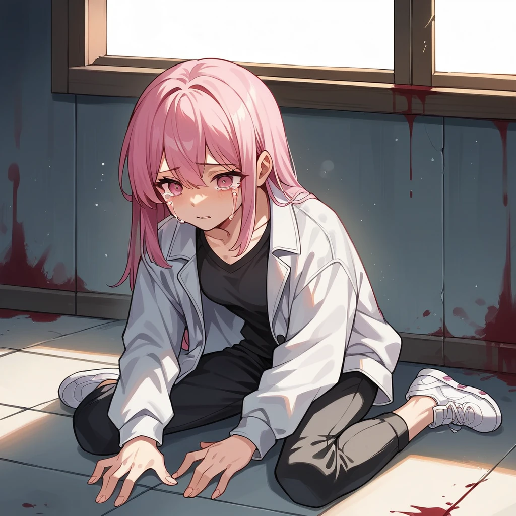 1girl, teenager, light skin, long pink hair, pink eyes, black shirt, white jacket, black pants, sports shoes, anime style, digital art, crying, bleeding, on the floor with hands resting on the ground, abandoned building, night light coming through the window