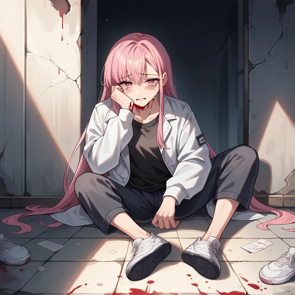 1girl, ager, light skin, long pink hair, pink eyes, black shirt, white jacket, black pants, sports shoes, anime style, digital art, crying, bleeding, on the floor with hands resting on the ground, abandoned building, night light coming through the window