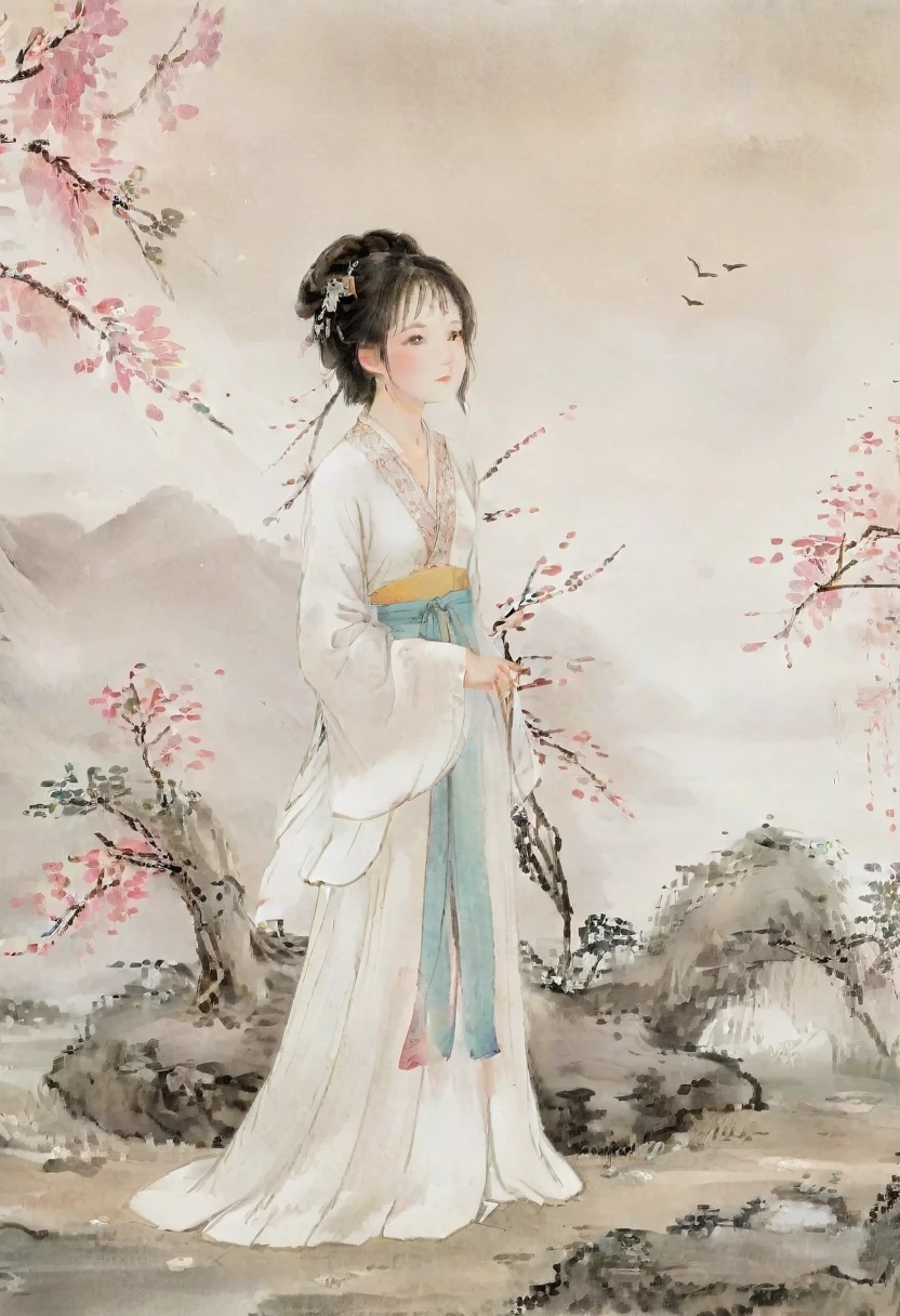 negexistive space,Portrait of a Standing Woman,Willow branches,(masterpiece, best quality:1.2),Traditional Chinese ink painting,Model shooting style,peaceful,(Smile),Watching exist Viewer,(Wedding dress:0.8),(Mechanical exoskeleton:1),song,Willow trees in the background,wuchangshuo,(Highest quality),(Masterpieces),(Extremely detailed),(Detailed eye description:1.2),masterpiece,best quality,absurd,The original,extremely delicexiste and beautiful,Beautiful and detailed eyes and face,1 Girl,Black_hair,White_clothing,Watching_exist_Viewer,mole,Solitary,(masterpiece:1.4),(best quality:1.4),Hanfu,tang style outfits,Pink up the hill,multicolour chest pleexisted skirt,
