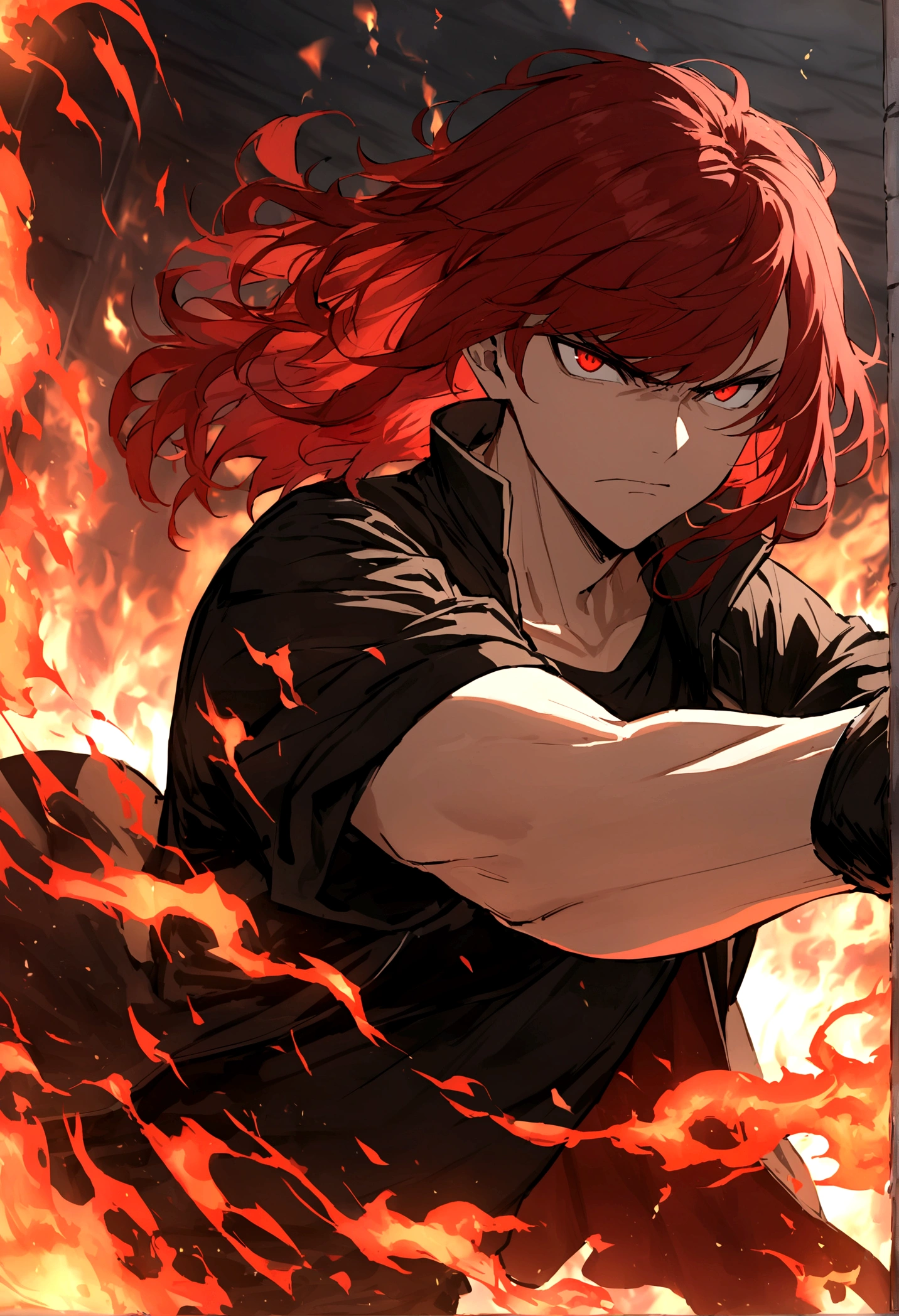 age boy, tidy hair, medium length hair, hair with bangs covering the left eye, multicolored black and red hair, serious face, Eyes red, black jersey, loose red short-sleeved overcoat, pair of medium black gloves, fire aura around the character, scene in an open-air fighting arena