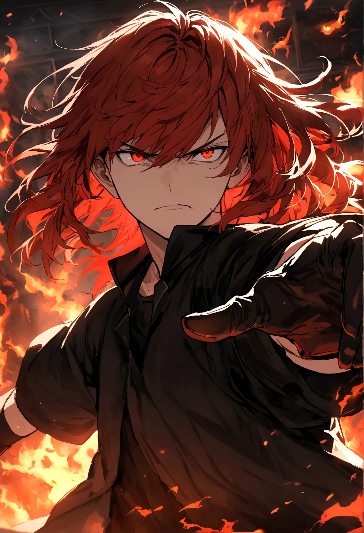 Teenage boy, tidy hair, medium length hair, hair with bangs covering the left eye, multicolored black and red hair, serious face, Eyes red, black jersey, loose red short-sleeved overcoat, pair of medium black gloves, fire aura around the character, scene in an open-air fighting arena
