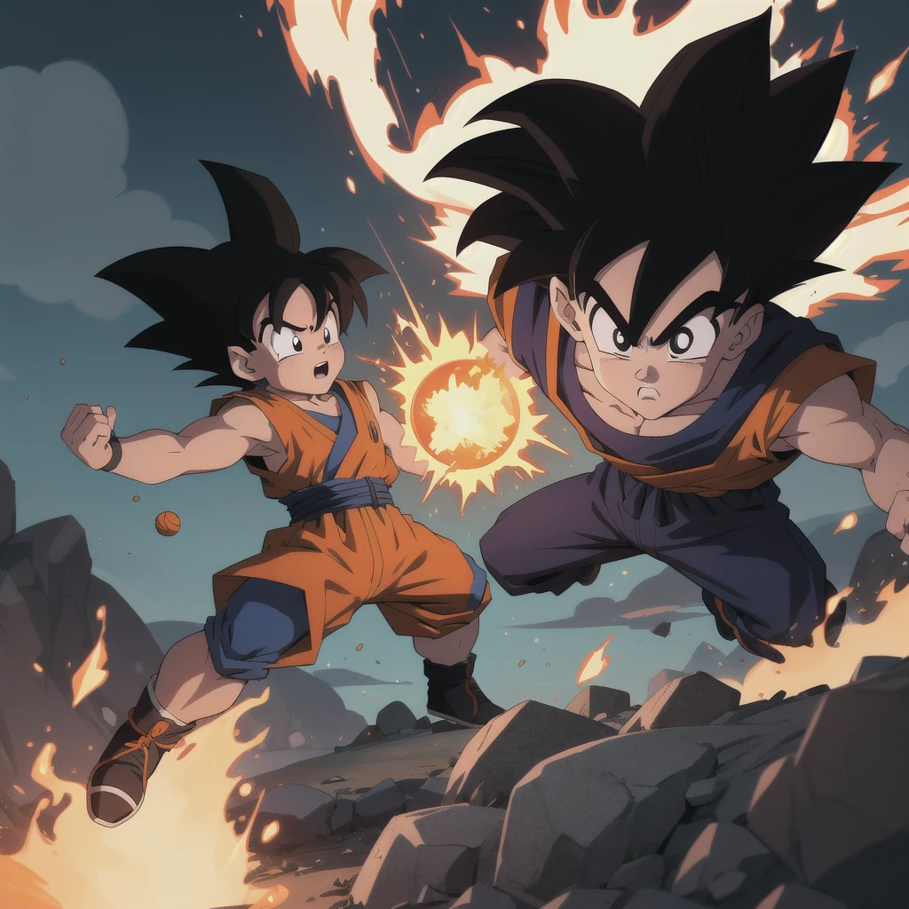 Manga style, illustration, line art style, high quality, manga masterpiece, highres, very detailed, digital illustration, small Kid Goku fighting alien Piccolo, Dragonball, black hair, spiked hair, real goku clothes orange color, black belt and black shoes, fire ball, dougi, outdoors,