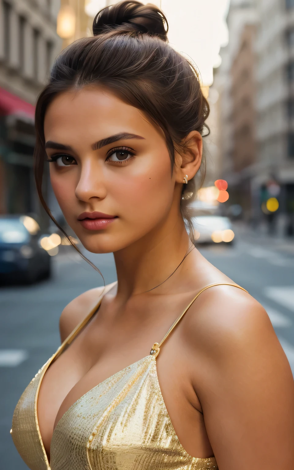 photography of 2 stunning girl, in the city, enjoying, girl, summer, hot girl, (((small bust))), brunette hair, hight bun, looks into the camera, symmetrical face, photorealistic, photography, spectacular lighting,, gorgeous, cleavage, western, (masterpice), best quality, high resolution, extremely detailed, skin with pores, blurred background, depth of field, cinematic lighting