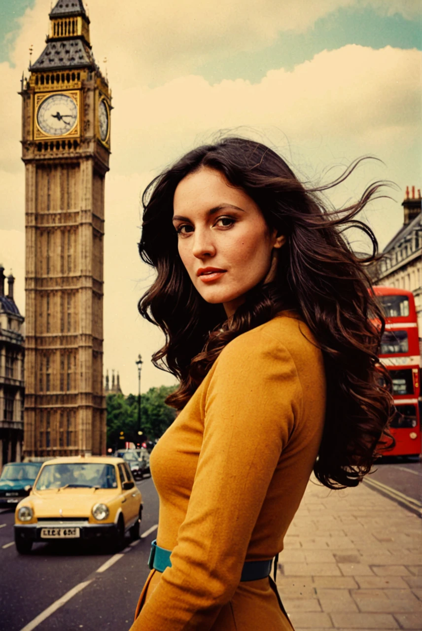 Polaroid photo of a woman with a vintage 70s aesthetic, black wavy hair, warm tones, faded colors, cinematic, nostalgic feel, candid pose, 1970s london big ben, Fine art photography style
