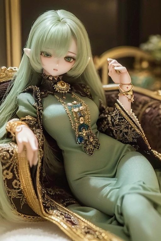 photorealistic, realistic photo, ((highest quality)), ((masterpiece)), (extremely detailed), kukolnydom, doll, (mature woman:1.6), solo, sitting on sofa, green eyes, (reclining on sofa, looking away, blank eyes, empty eyes, detailed eyes:1.3), (light smile), dress, museum, 8k