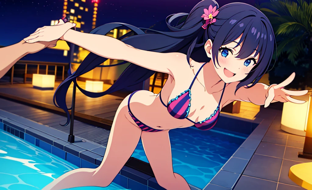 Masterpiece, Best Quality, extremely detailed, cheered up, girl,night pool,high waist bikini,SMILE,:d,action,(small breasts),ass focus nsfw