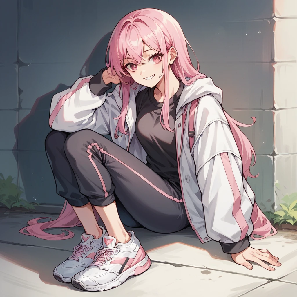 1girl, ager, light skin, long pink hair, pink eyes, black shirt, white jacket, black pants, sports shoes, anime style, digital art, smile