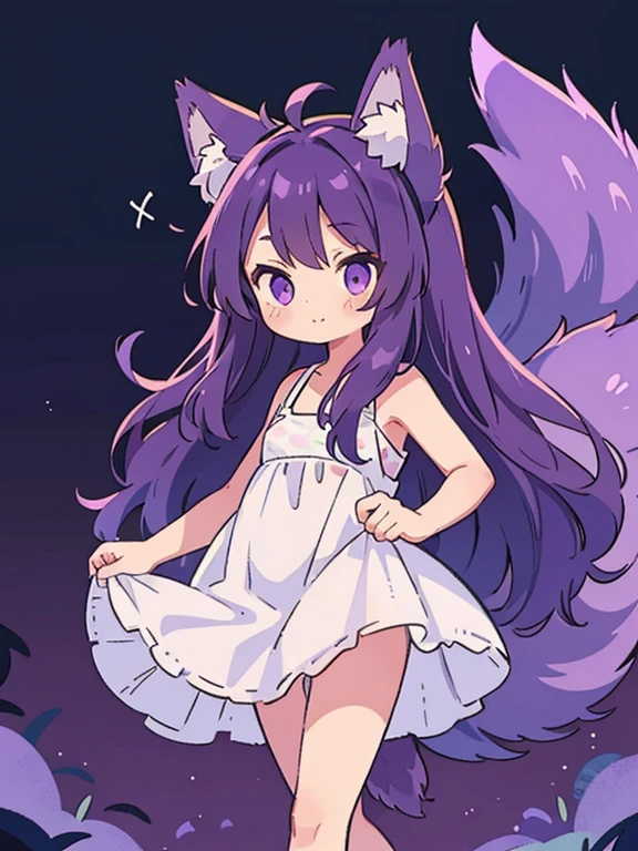 Cute, young, flat chest, , sundress, wolf ears, fluffy tail, dark purple hair, dark purple tail, wearing vr headset