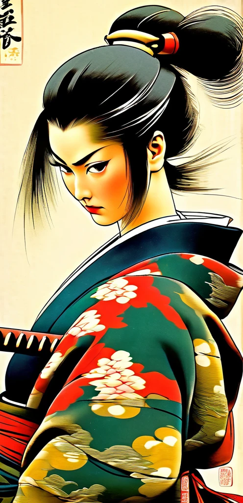 Samurai woman with gigantic round breast that are twice the size of her head, she has extremely wide hips, she wears a long dark hakama that covers her body, holding katana, she has a serious look on her face, ready for battle