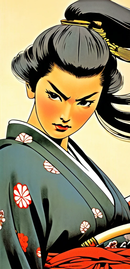 Samurai woman with gigantic round breast that are twice the size of her head, she has extremely wide hips, she wears a long dark hakama that covers her body, holding katana, she has a serious look on her face, ready for battle
