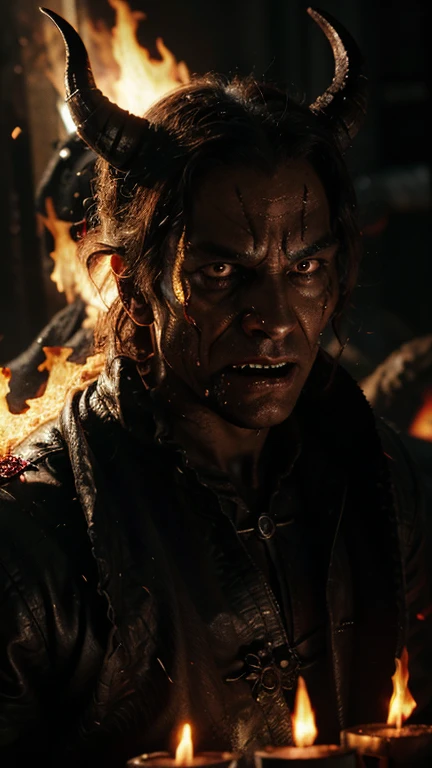 A dramatic, cinematic close-up of a demon and Satan with terrifying, horrifying faces. Their grotesque features are illuminated by eerie, flickering hellfire. The demon's skin is cracked and charred, with malevolent, glowing eyes, while Satan's face is twisted with rage and pain, horns spiraling from his forehead. The background is a chaotic inferno, filled with shadows and flickering flames, enhancing the sense of cosmic dread and apocalyptic horror.