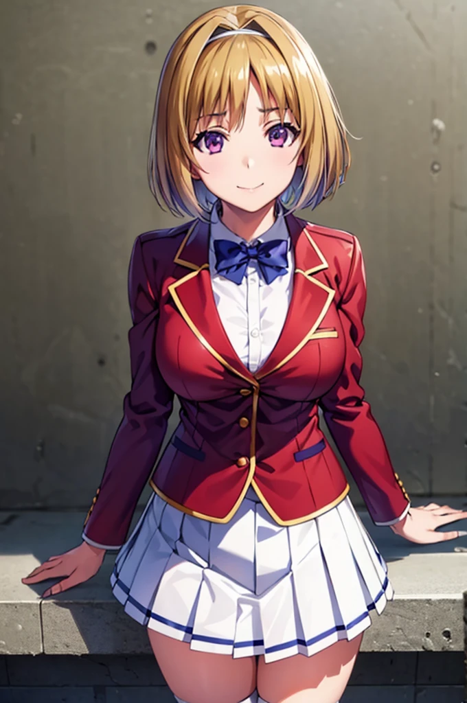 masterpiece, best quality, high resolution, best illustration, super fine illustration, official art, anime screencap, detailed beautiful face and eyes, anime keyvisual, (perfect anatomy:1.5), 8k portrait, (detail focus fingers:1.2),
1girl,
Kushida Kikyou,
Kushida Kikyou \(youjitsu\),
short hair,
bronze hair,
(purple eyes:1.2), small eyes,
blue bow, hairband,
large breasts,
(school uniform, red jacket, white skirt, pleated skirt, black calf socks),
looking at viewer, smile,
cowboy shot,
natural light,