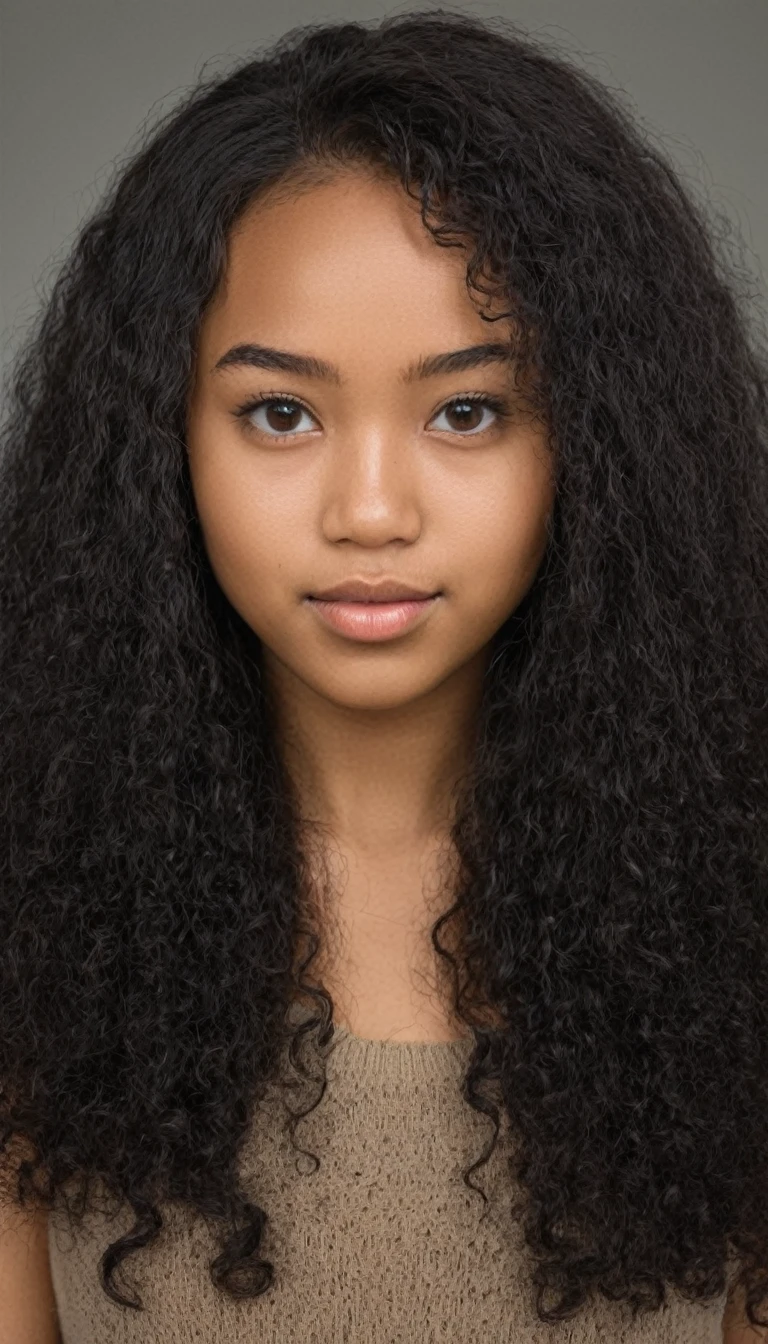 Hiper realistic and natural picture, A young pretty woman. Black weavy hair, blasian