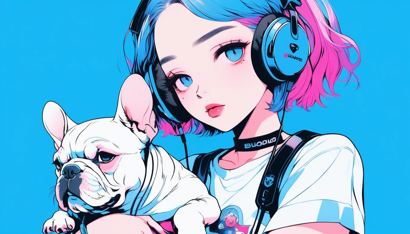 Illustrator, anime , Realistic ,sketch , A girl holding a cute bulldog puppy wearing headphones, ,lip, T-shirt,order,Textured Trim, (masterpiece,Highest quality) Blue background, Neon Hair,Textured Trim, Canadian, (masterpiece,Highest quality) Cancer,
