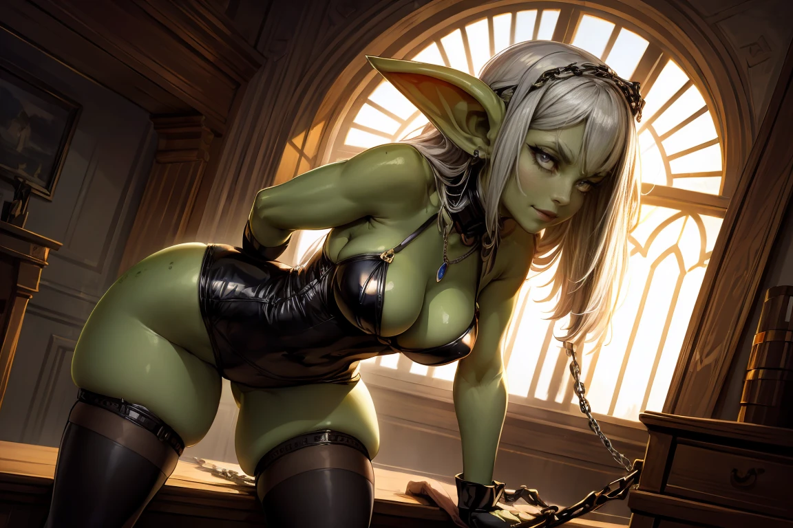 masterpiece, absurdres, 4k, (green skin), small pointy ears, portrait goblin woman psychiatrist, wearing ornate leather dominatrix outfit, posing with a whip, dynamic pose, wide stance, jewelry, medium breasts, sly smile, ((long silver hair)), volumetric lighting, grey eyes, ambient lighting, dimly lit, sexy lighting, cinematic still, sexy, dangerous, turned on, whips and chains in background