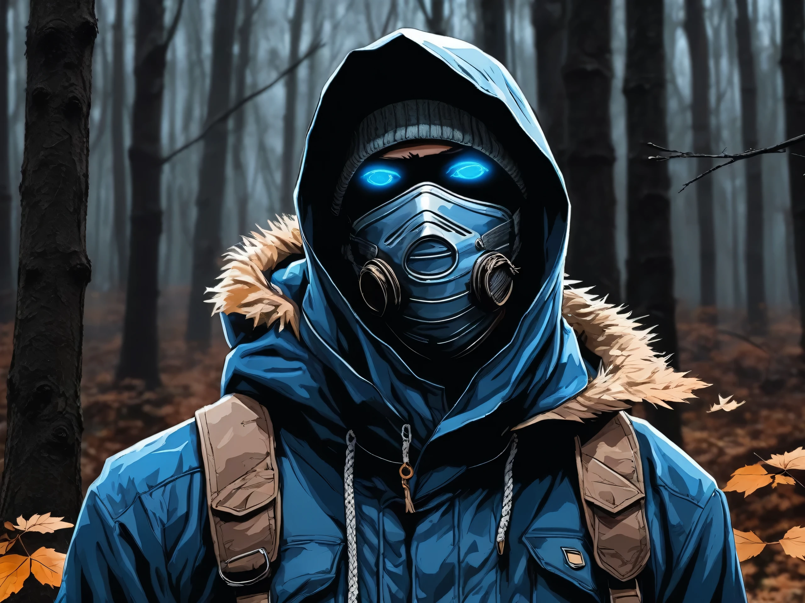 Anime realaitic art-style, Man with blue eyes worn a hood and a cloth mask covering the nose and mouth look lost, background a forest with trees with high trunk and few leaves, it seems to be cold they wear a mountaineer outfit esvaldor for cold momwntos the colors are erased looks like a dark environment