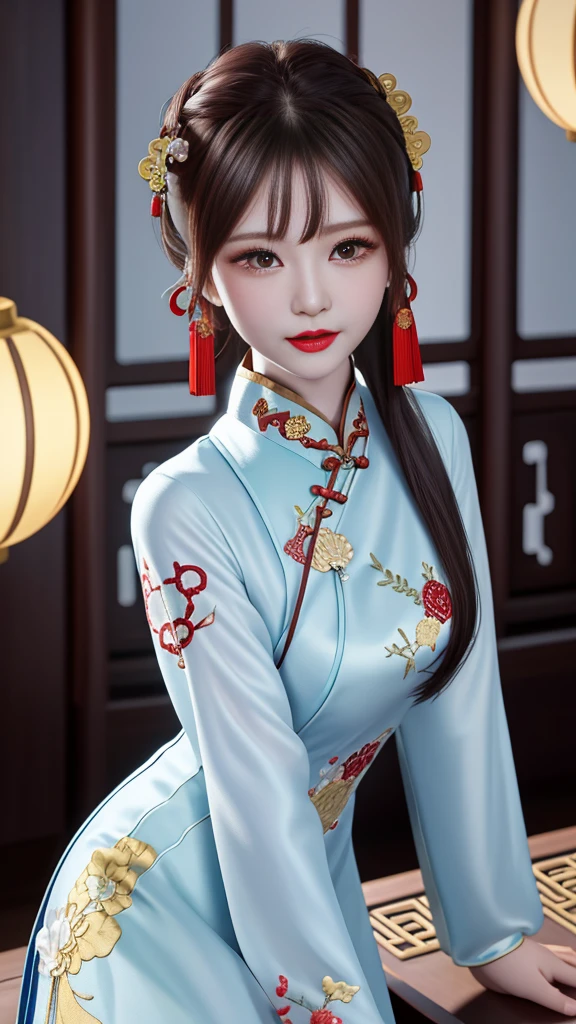 high detal,8K resolution,Ultra-high resolution,A young Miao girl, a cute girl,Ball head,lipsticks,choker necklace,Black clear eyes,Smooth hair,clavicle,Delicate and perfect facial features, the most beautiful big eyes,Long eyelashes,The eyes are sweet and there are lying silkworms,dynamic angle,extreme picture quality,Highest precision,Precise and perfect human anatomy,(((Professional Dress,Slim Republic of China cheongsam,Crimson gold embroidery))),((sitted)),Warm scene,Ultra-high resolution