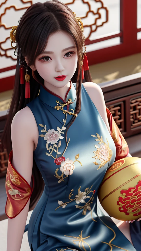 high detal,8K resolution,Ultra-high resolution,A young Miao girl, a cute girl,Ball head,lipsticks,choker necklace,Black clear eyes,Smooth hair,clavicle,Delicate and perfect facial features, the most beautiful big eyes,Long eyelashes,The eyes are sweet and there are lying silkworms,dynamic angle,extreme picture quality,Highest precision,Precise and perfect human anatomy,(((Professional Dress,Slim Republic of China cheongsam,Crimson gold embroidery))),((sitted)),Warm scene,Ultra-high resolution
