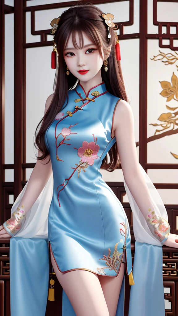 high detal,8K resolution,Ultra-high resolution,A young Miao girl, a cute girl,Ball head,lipsticks,choker necklace,Black clear eyes,Smooth hair,clavicle,Delicate and perfect facial features, the most beautiful big eyes,Long eyelashes,The eyes are sweet and there are lying silkworms,dynamic angle,extreme picture quality,Highest precision,Precise and perfect human anatomy,(((Professional Dress,Slim Republic of China cheongsam,Crimson gold embroidery))),((sitted)),Warm scene,Ultra-high resolution