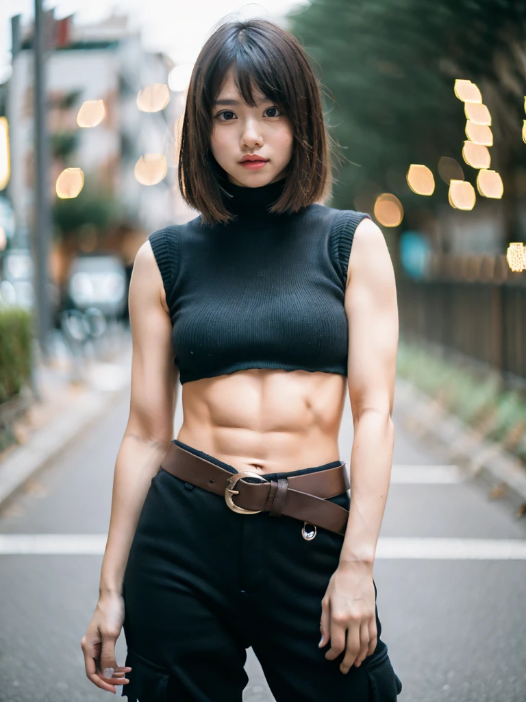 Cinematic Photo of a cute japanese girl, (fit, navel), (muscular_abs:1.3), short black hair, bangs, black sleeveless knitted turtle neck, black knitted arm warmers, green cargo pants, black canvas belt, black chunky boots, leaning to a wall, (bokeh:1.8)