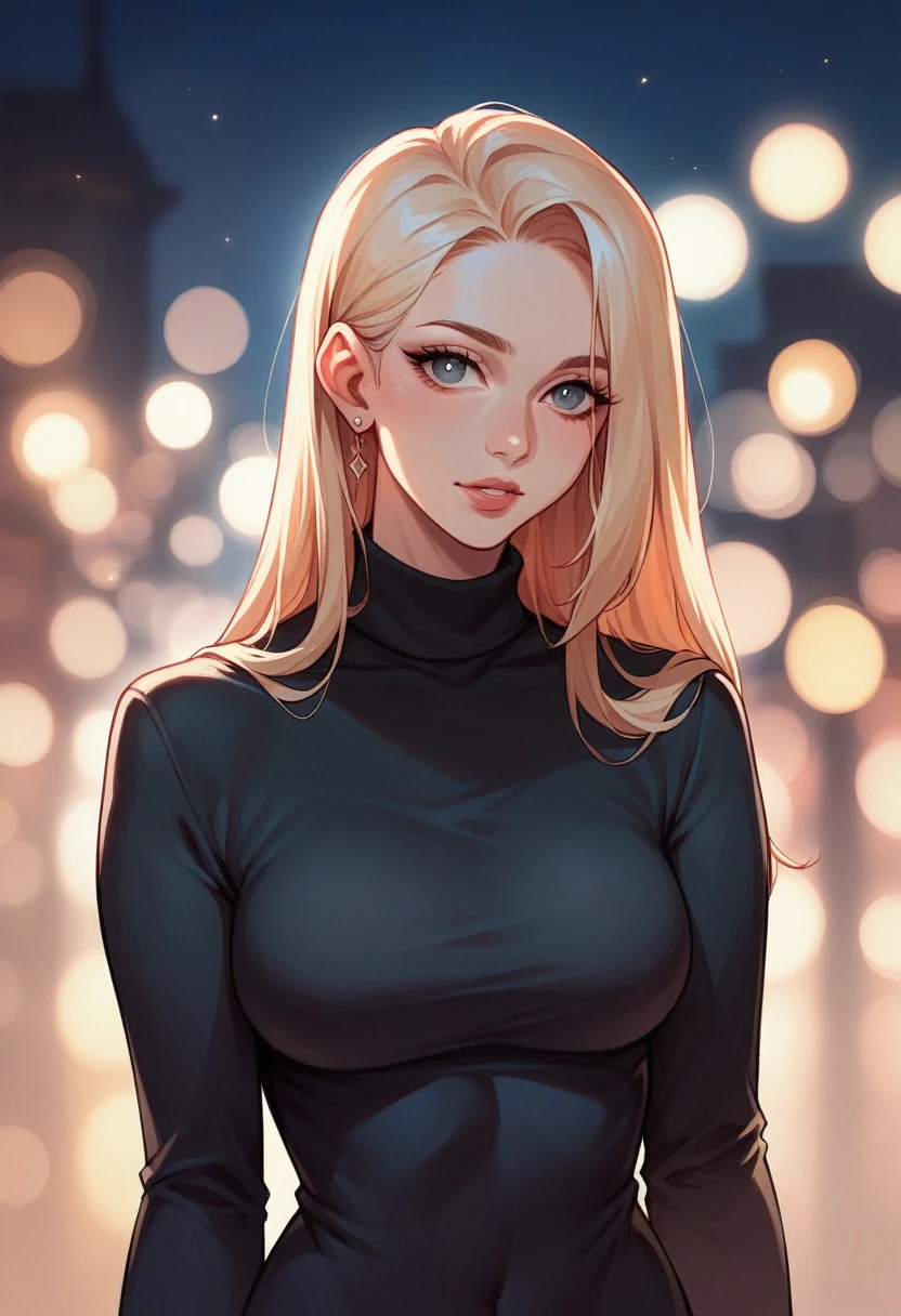 (Cinematic Aesthetics) Photo of a beautiful Argentine model bokeh city night, portrait of a woman, showing the whole body, woman in a beautiful long black sweater, with transparency and fine fabric