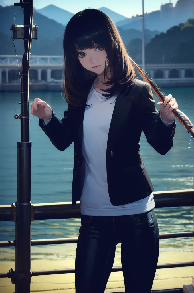 ((((having a fishing rod with a reel by the lakeside:1.5)))),((Female 28 years old)),((Best Quality:1.5)),((((Hands with the correct number and structure of fingers:1.5)))),((Big fish:1.37)),hight resolution,ultra-detailliert,​masterpiece,best qualtiy,(Eight-headed body),Black hair, long eyes-lashes, Solid Circle Eyes, drop shadow, Atmospheric perspective,Super Detail, ccurate, small brest,(Black jacket and black jeans :1.1),top-quality, blurry backround, bokeh dof:1.2, (​masterpiece:1.3),  Atmospheric perspective,Super Detail,dynamic compositions,