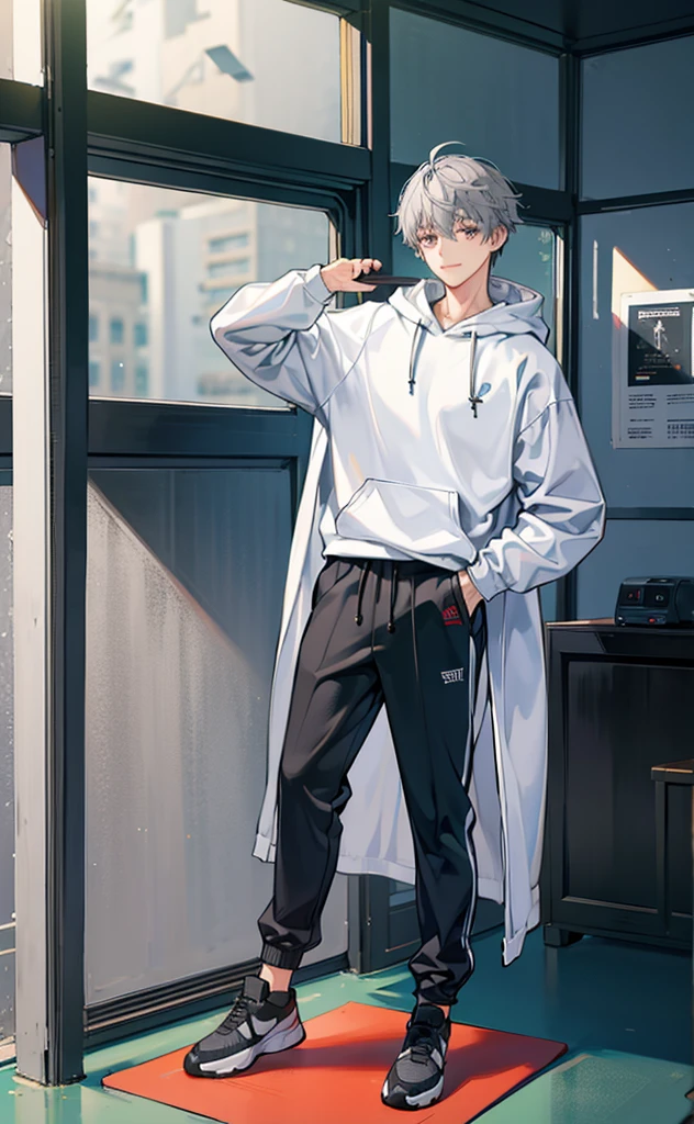 Shota,Gray hair,Standing,Greet the screen with a smile,whole body。Grey Hoodie,Brown trousers,sports shoes。individual。