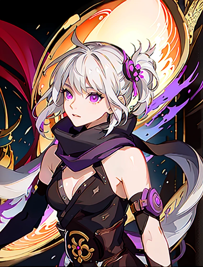 full body, beautiful body, 1 girl, white hair, ponytail, purple eyes, (Ninja), dagger, Moderate breath ,scarf, Combat stance, Wallpaper, magic circle background, wide backdrop, Magical light, light particles, blue light, beautiful city backdrop, tree, Beautiful environment