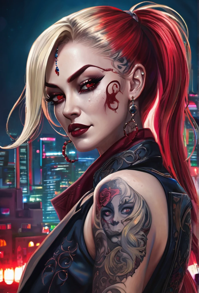 woman with long light blond, streaked with lots of red highlights, hair with two colors (blond and red) , big red bloody eyes, she wears social clothes and have a lot of ((tattoos on her body)). She is smiling like a villain,, big evil smile, with a moon tattooed on her face, she is on a dark city scenery, symmetrical face, ((symmetric eyes)), high contrast, digital art trend on Artstation 8k HD high definition detailed realistic , hiper detalhado,
