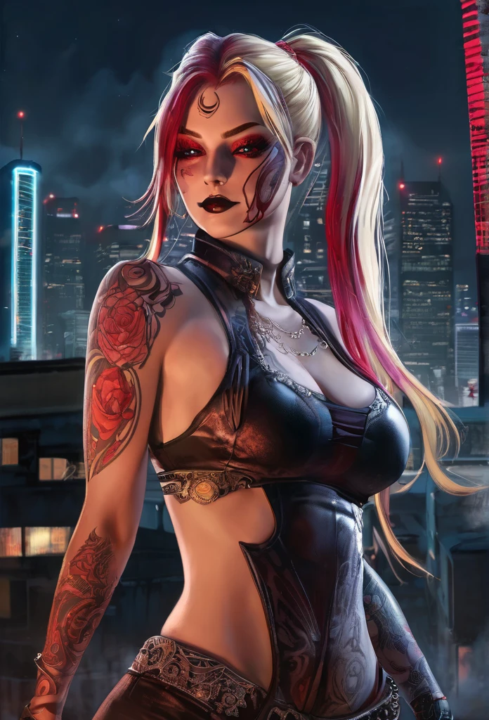 A striking female portrait featuring a woman with long, light blonde hair streaked with lots vibrant red highlights, creating a unique two-tone effect, long hair  ponytail. Her large, piercing red and bloodshot eyes gaze intensely, adding an unsettling yet captivating presence. Dressed in formal attire, her body is adorned with numerous intricate tattoos, including a prominent moon design on her face. Fullbody shot, cowboy shot. The woman's symmetrical features and malevolent, wide grin convey a villainous, sinister demeanor, set against a dark, urban cityscape backdrop.