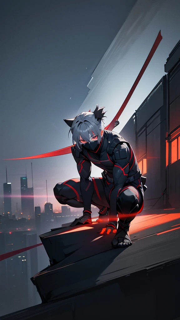 a male ninja with cat-like features, 18 years old, grey hair, red eyes, ninja attire, in the dark night, blending into the shadows, lower half of face obscured, faintly lit by moonlight, in an urban setting, full body, posed in a crouching stance, best quality, ultra-detailed, masterpiece