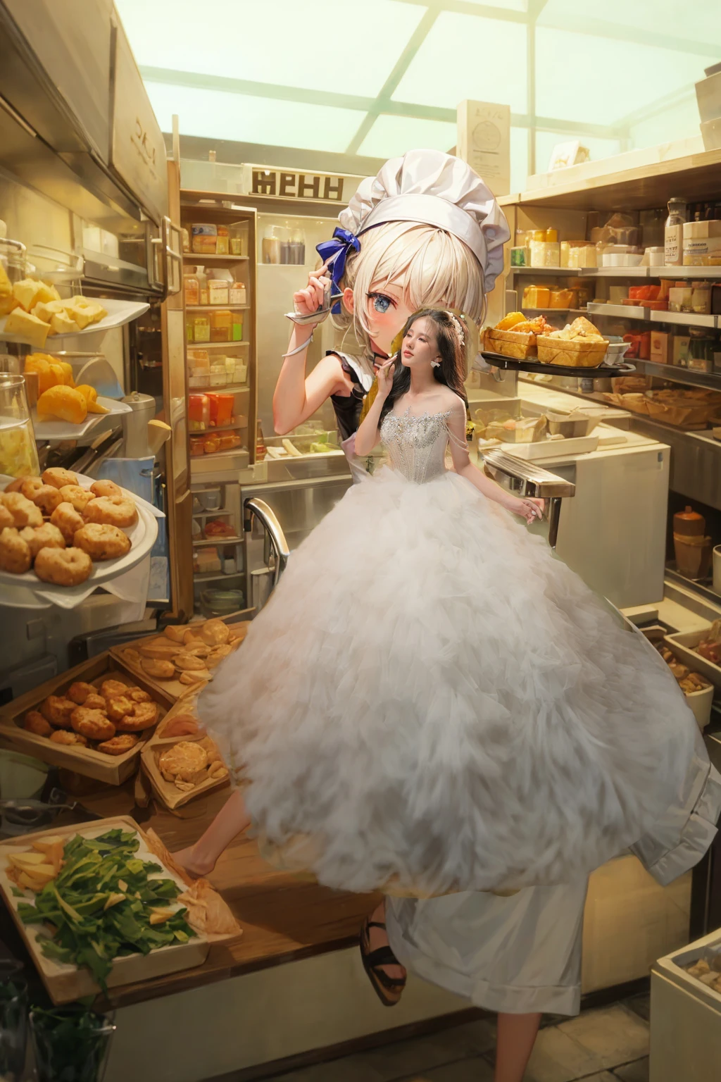 1fille, chef-d&#39;œuvre, Une haute résolution, Bords sonores_rias_Gray Murray, ((mariage dress, chies, voile de mariée, mariage, bouquet))
