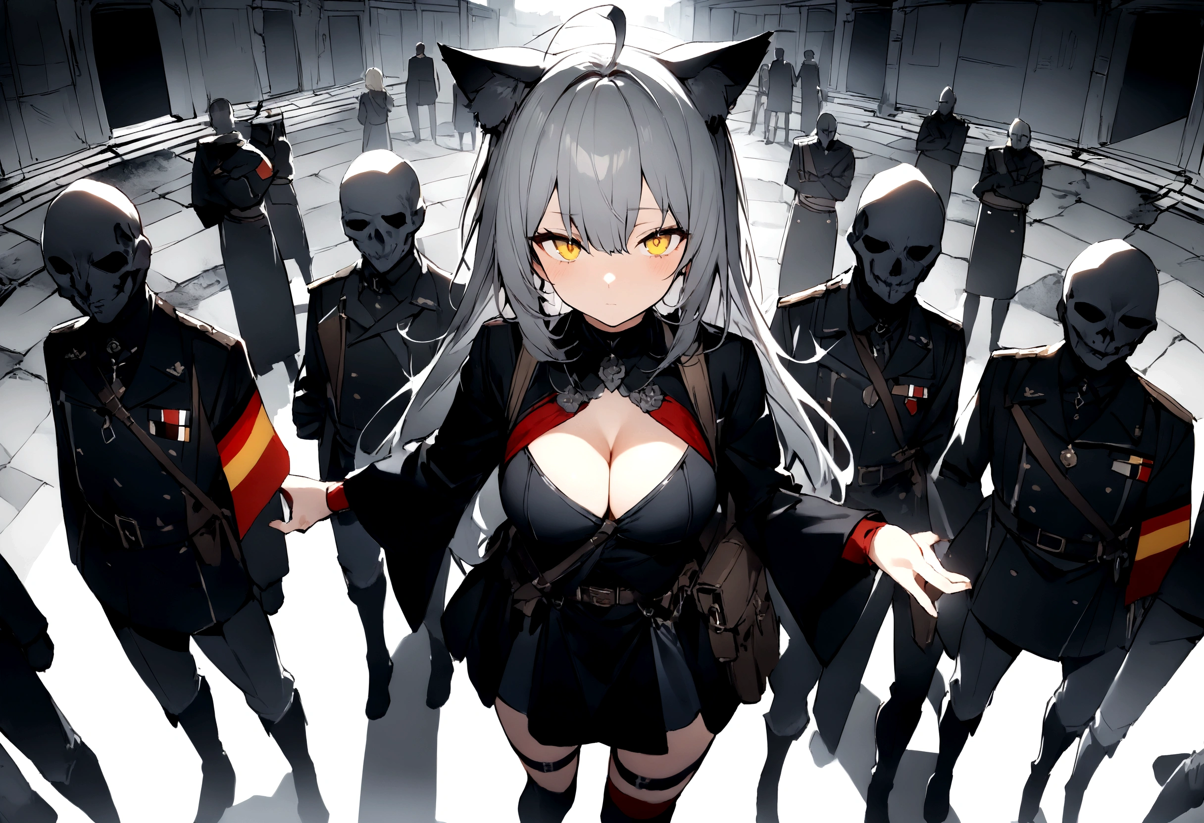 Dynamic Angles、Raising the German flag、Suspicious Gathering、Surrounded by enemies、(masterpiece, best quality:1.2), 1girl, 独奏、Gray cat ears、Grey long hair、Ahoge、Yellow Eyes、Gray cat ears、Background of military bases、Fisheye Lens、battlefield、Shadows of light and darkness、Expressionless、Grim face、battle、Black High Knee Socks、Cleavage、