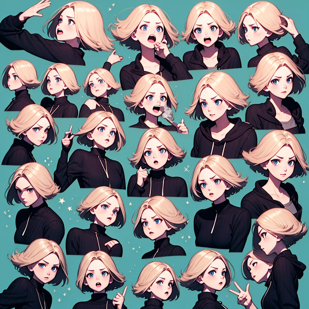 Has short blonde hair，blue eyes，Facial Expressions，9 emojis，Emoticon table，Alignment，Multiple poses and expressions（Grief，surprise，Expectations，excited，Giggles，Fright，Acting cute, dysphoria，anger），Anthropomorphic style，Disney style，Black stroke，Different emotions，Multiple poses and expressions，8K，sigh, Grin, Reach out舌头, cigarette, Frowning, Yandere, Reach out, Full face blush, Sobbing，（Pure white background：1.2），Simple background，Solid color background，（Extremely detailed eyes：1.3），（Same physical characteristics：1.5），