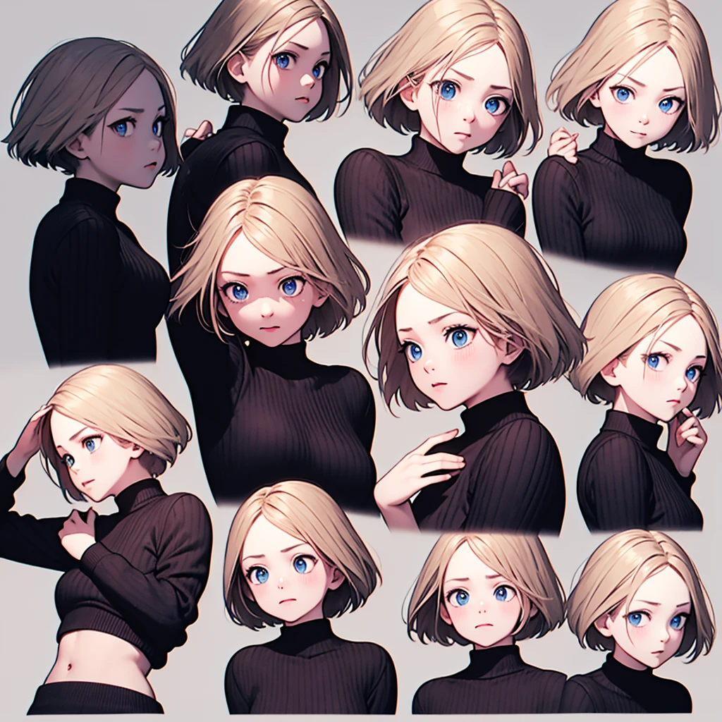 Has short blonde hair,blue eyes,Facial Expressions,9 emojis,Emoticon table,Alignment,Multiple poses and expressions(Grief,surprise,Expectations,excited,Giggles,Fright,Acting cute, dysphoria,anger),Anthropomorphic style,Disney style,Black stroke,Different emotions,Multiple poses and expressions,8K,sigh, Grin, Reach out舌头, cigarette, Frowning, Yandere, Reach out, Full face blush, Sobbing,(Pure white background:1.2),Simple background,Solid color background,(Extremely detailed eyes:1.3),(Same physical characteristics:1.5),